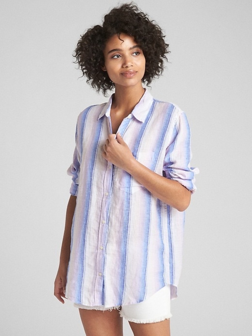 Gap Oversize Boyfriend 100% Linen indigo stripe Ombre button down shirt L